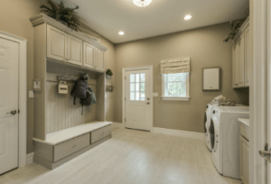 A spacious, well-lit mudroom with beige walls, built-in white cabinets, a bench, a washing machine, and a door with a window.