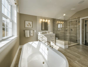 Modern bathroom with a freestanding tub, glass shower stall, double vanity, and neutral color palette.