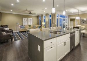 Modern open-concept kitchen and living room with a large island, stainless steel sink, and light fixtures. The living area has a sofa, armchairs, and a striped rug, with natural light from tall windows.
