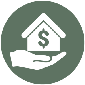 hand holding a home with a dollar sign icon within a green circle