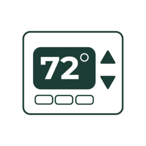 Programmable thermostat drawing in dark green displaying 72 degrees
