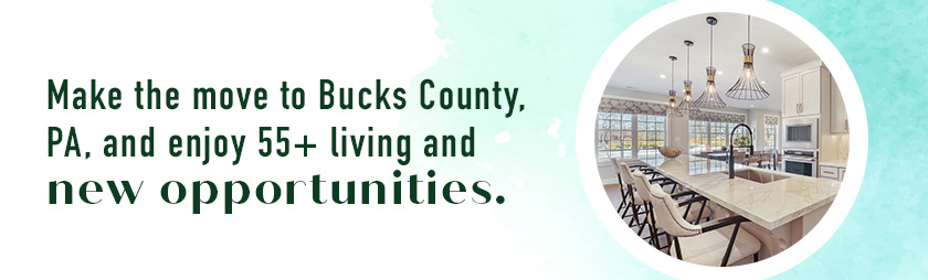 Make the move to Bucks County, PA, and enjoy a 55+ community with new opportunities. Image of a modern kitchen.