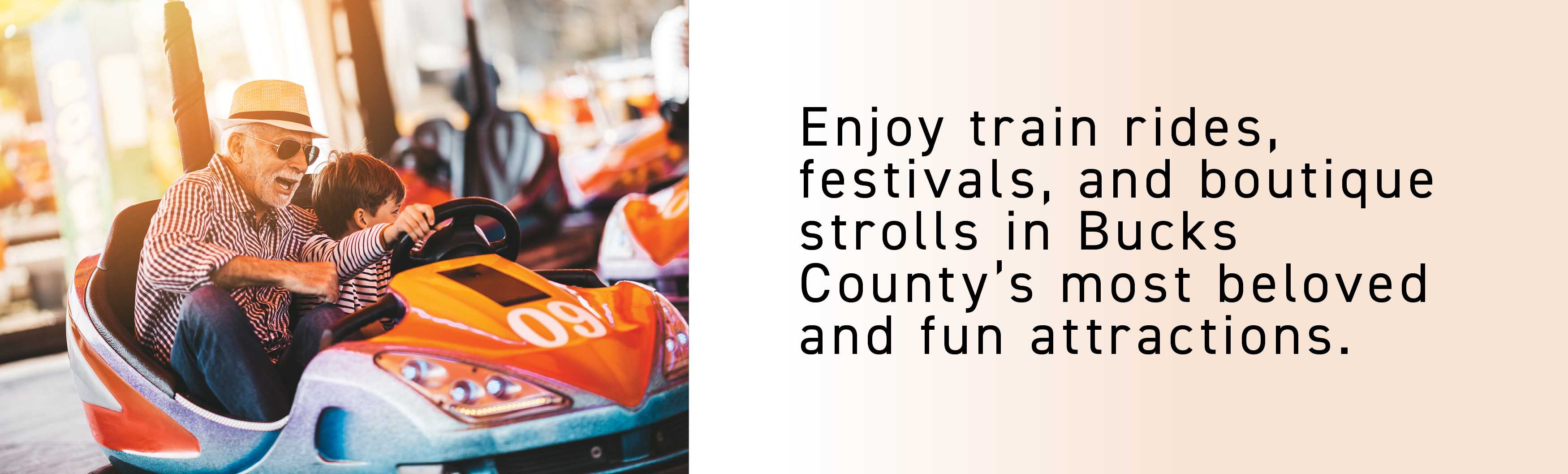 An elderly man and a child ride a bumper car; discover fun things to do in Bucks County for all ages.