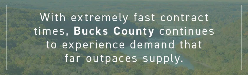 Text overlaying a scenic river view reads: Bucks County, one of the best places to retire in Pennsylvania, sees soaring demand and fast contracts.