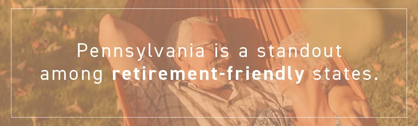 Senior couple relaxing in a hammock with text: Bucks County is a standout among retirement-friendly states.