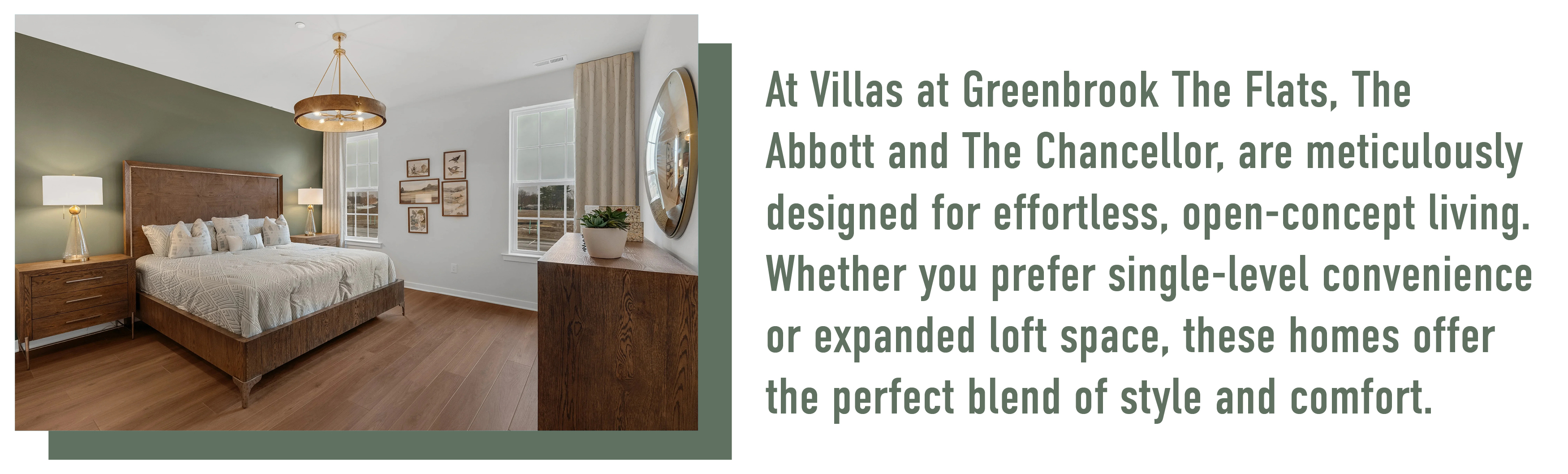 A modern bedroom with wooden furniture and pendant lighting in the featured community by DeLuca Homes, The Flats.