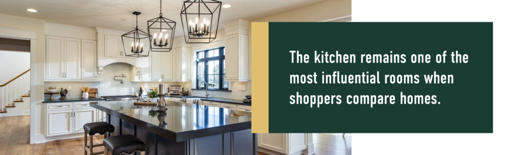 Modern kitchen with white cabinets, large island, and pendant lights highlights top home features for buyers.