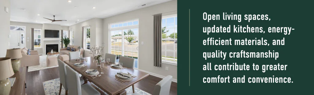 Bright open-concept kitchen and living room for active adults, with dining table, large windows, and modern furnishings.