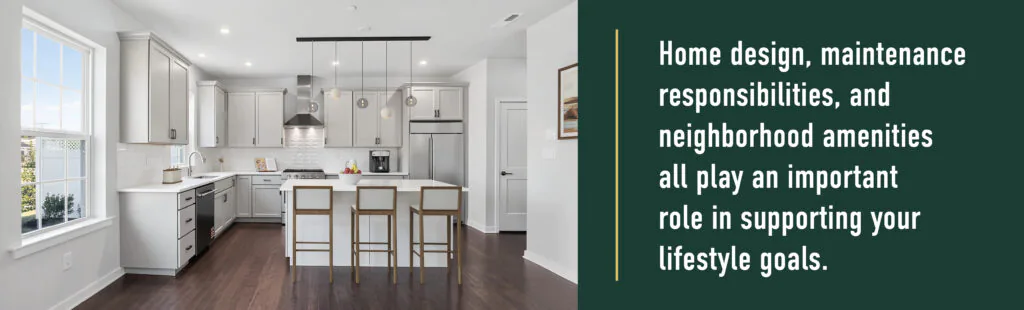 Modern white kitchen with island, perfect for active adults seeking the best places to live in Bucks County.