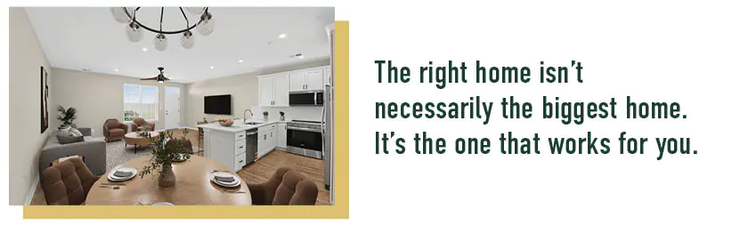 Open-plan Bucks County new construction dining area and kitchen, with the text: The right home isnt necessarily the biggest.